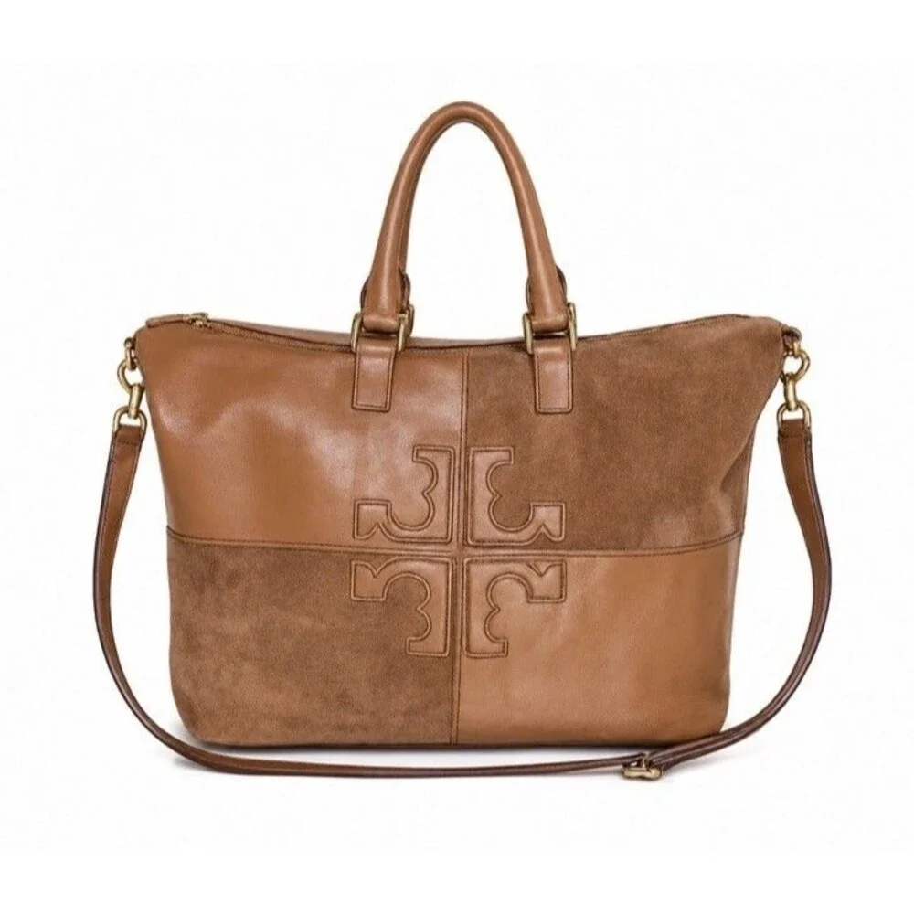 Tory Burch Natalie Patchwork Satchel Camel Brown Size Large Crossbody Strap